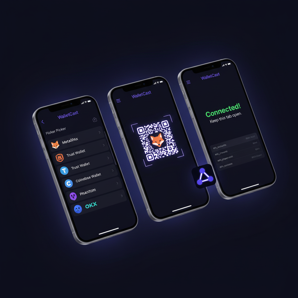 WalletCast connection flow — choose wallet, scan QR, connected